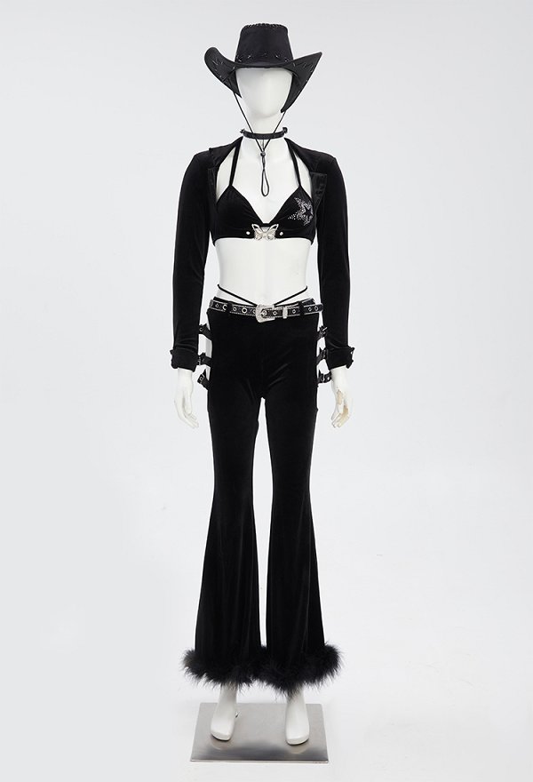 Pantalón estilo vaquero gótico Pantalón de terciopelo negro Pantalón acampanado recortado con cinturón Pantalón estilo vaquero gótico Pantalón de terciopelo negro Pantalón acampanado recortado con cinturón