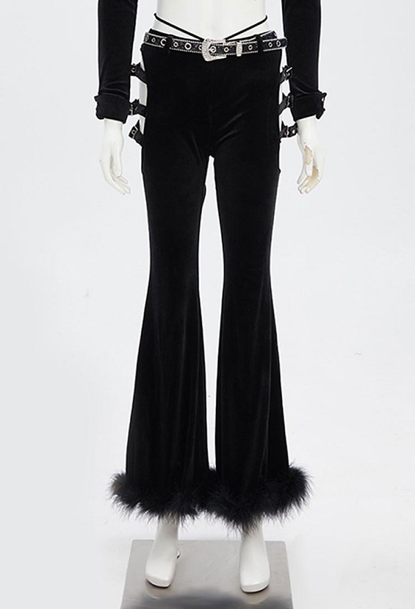 Pantalón estilo vaquero gótico Pantalón de terciopelo negro Pantalón acampanado recortado con cinturón Pantalón estilo vaquero gótico Pantalón de terciopelo negro Pantalón acampanado recortado con cinturón