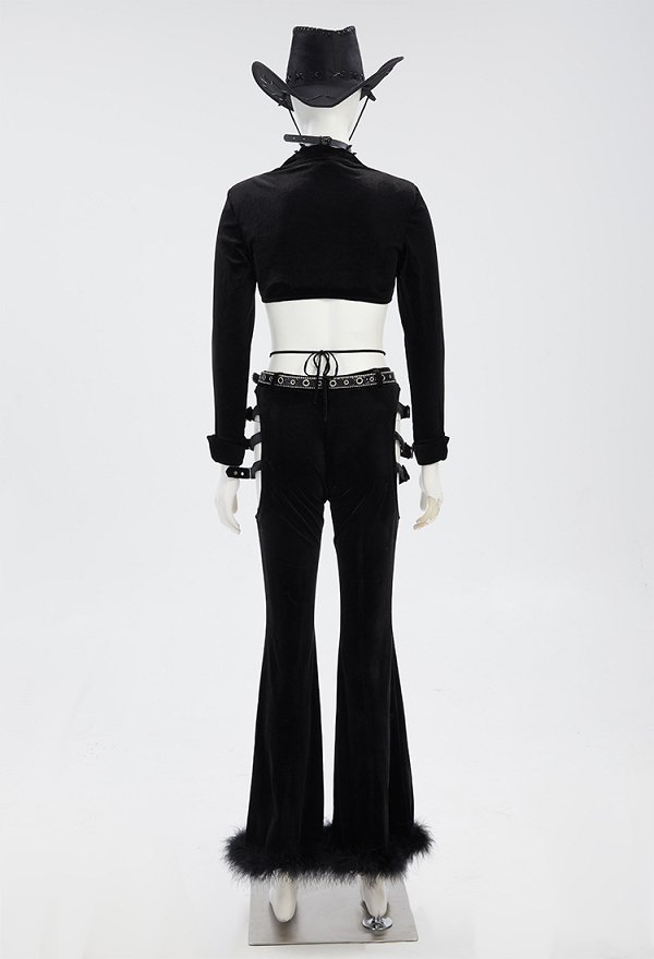 Pantalón estilo vaquero gótico Pantalón de terciopelo negro Pantalón acampanado recortado con cinturón Pantalón estilo vaquero gótico Pantalón de terciopelo negro Pantalón acampanado recortado con cinturón