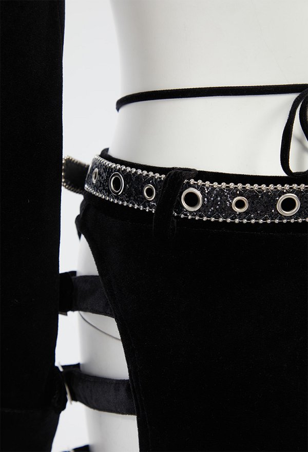 Pantalón estilo vaquero gótico Pantalón de terciopelo negro Pantalón acampanado recortado con cinturón Pantalón estilo vaquero gótico Pantalón de terciopelo negro Pantalón acampanado recortado con cinturón
