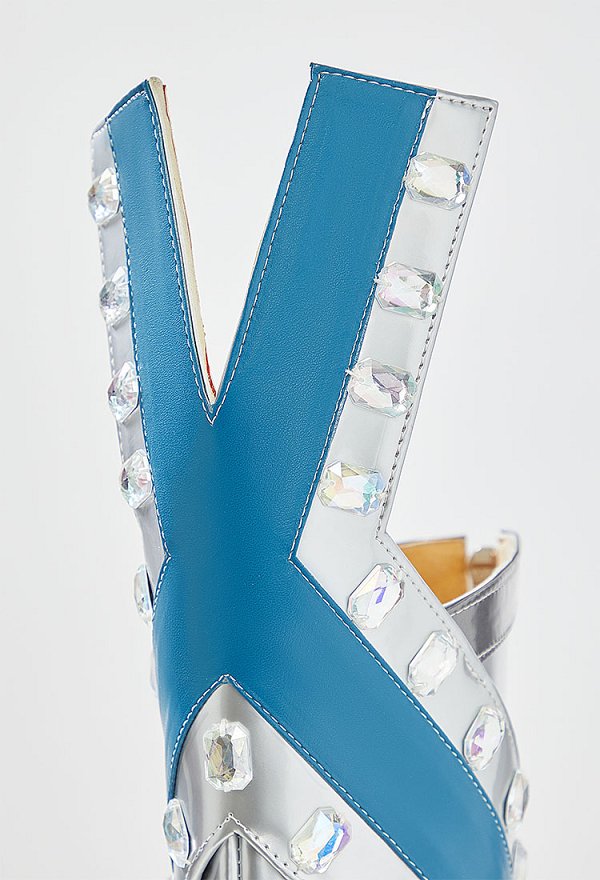Rival Chica Reina Cosplay Botas de tacón alto de plata con diamantes de acrílico