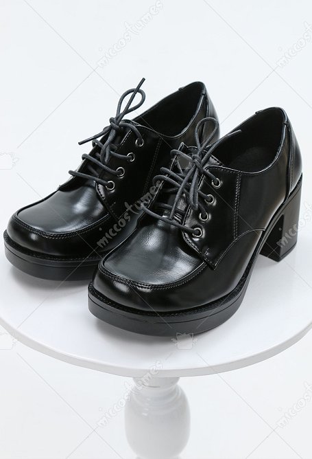 Thick Middle Heels Square Toe Front Tie Japanese School Shoes