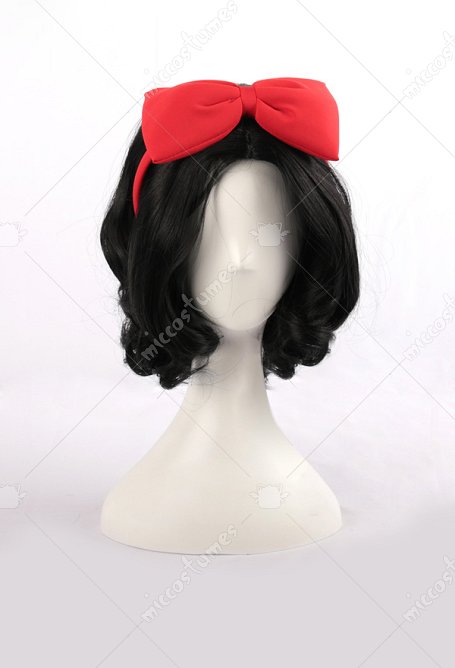 Miss Snow Black Curly Short Cosplay Wig with Red Bow Headband for Halloween
