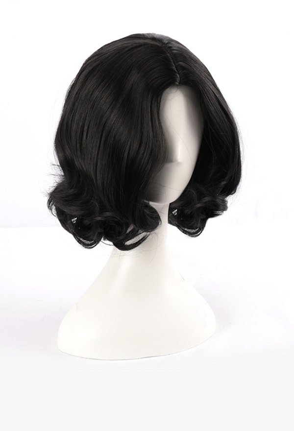 Miss Snow Black Curly Short Cosplay Wig with Red Bow Headband for Halloween