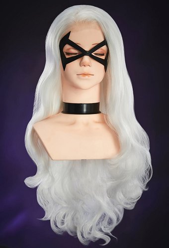 Fortnite Gato negro Cosplay Peluca de encaje Peluca blanca de ondas grandes
