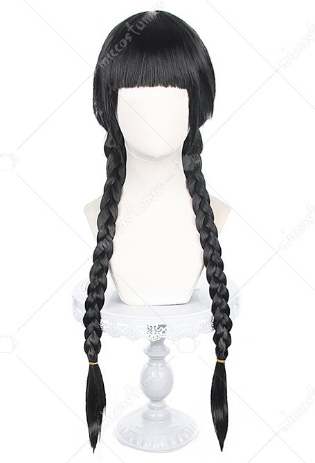 The Addams Family Perruque de Cosplay Wednesday Addams Longue Noir avec Tresses