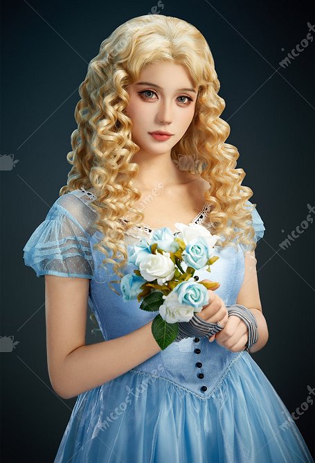 Peluca de cosplay de Alicia de Alicia en el país de las maravillas Peluca de encaje larga rizada dorada de 23.62 pulgadas