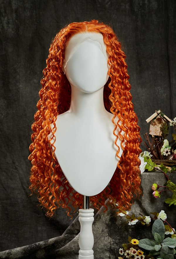 Brave Merida Cosplay Peluca de Encaje Rizada Naranja