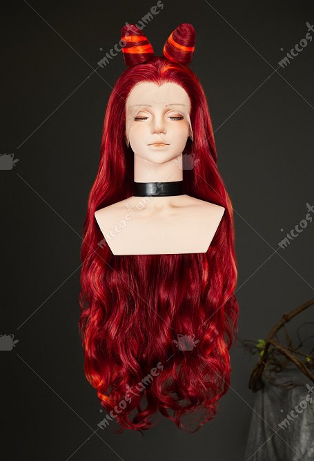 Superhéroe rojizo naranja peluca Cosplay peluca de encaje rizado largo de 31,5 pulgadas