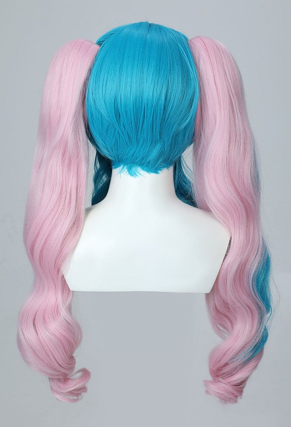 PM Vocal Peluca de cosplay con Cabello Largo y Rizado en Azul y Rosa en Coleta Doble