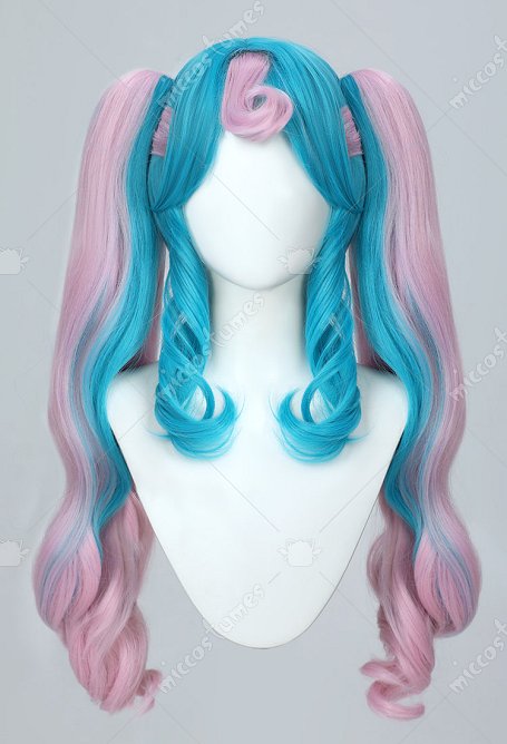 PM Vocal Peluca de cosplay con Cabello Largo y Rizado en Azul y Rosa en Coleta Doble