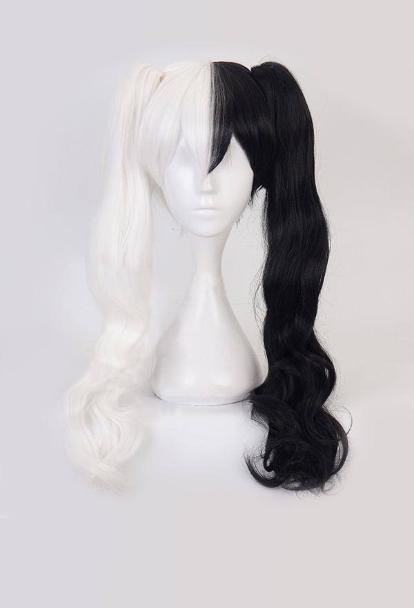 Danganronpa Monokuma Halb schwarz weiß Lang Doppel Pferdeschwanz Cosplay Perücke