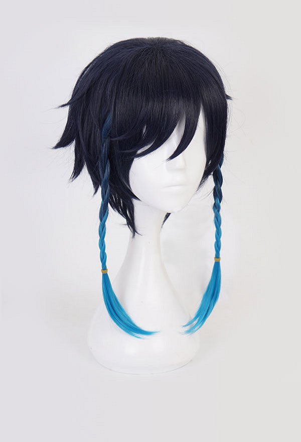 Genshin Impact Bards Venti Blue Gradient Mixed Color Short Cosplay Wig with Braid