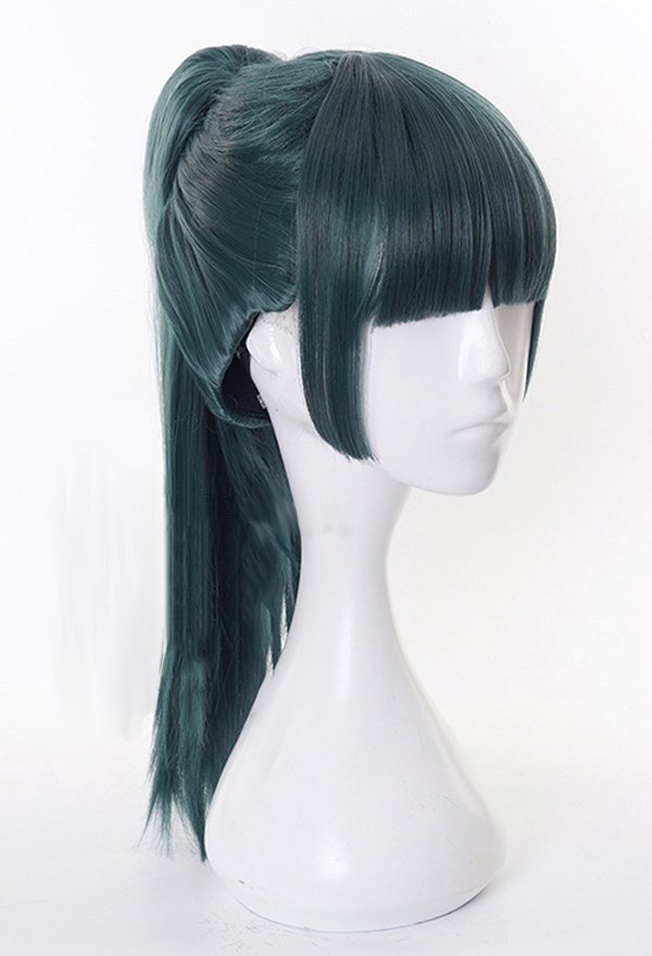 Maki Zen'in Disfraz de Cosplay Pelucas Largas de Color Verde Oscuro para el Cosplay del Personaje de Zenin Maki en el Anime jujitsu fight