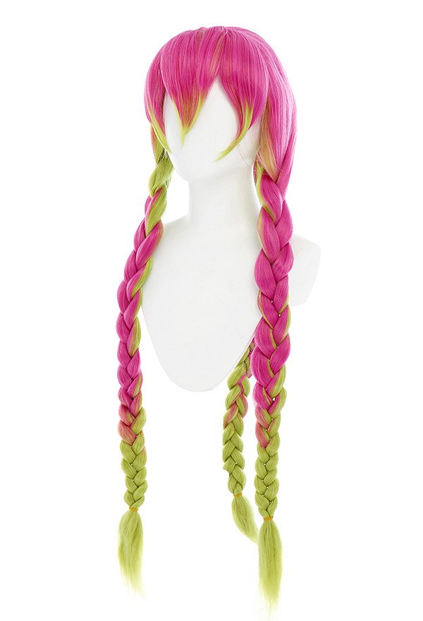KNY Love Cosplay Wig Pink Green Gradient Plus Thick Long Braid