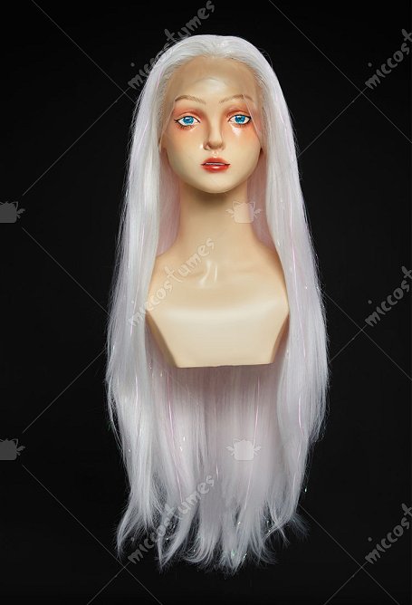 Peluca universal larga y lisa de encaje rosa con hilo holográfico para cosplay