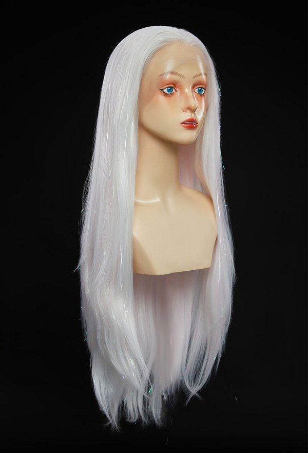 Peluca universal larga y lisa de encaje rosa con hilo holográfico para cosplay