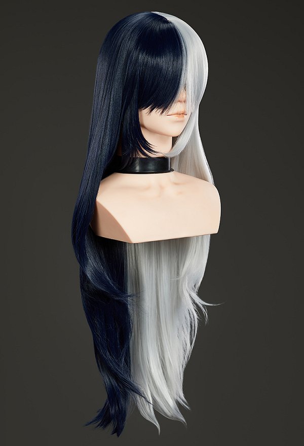 Peluca de Cosplay de Rival Girl Luna Snow Larga de Color Dividido Azul Oscuro y Plateado