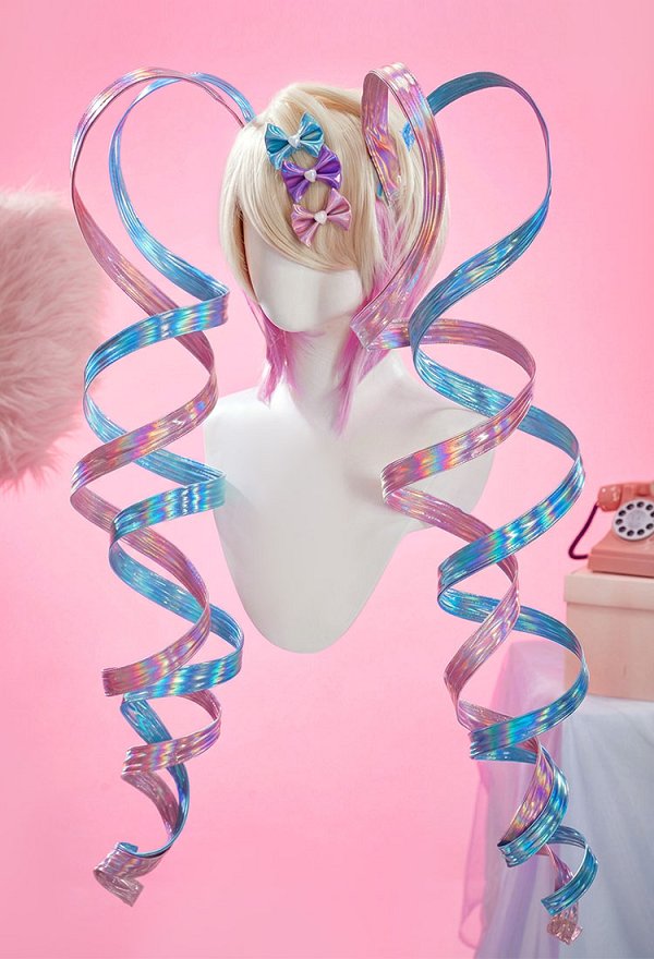 Needy Streamer Overload Ame kangel Cosplay Perücke Beige Lila Kurze Perücke mit Pink Blau Spiral Kopfschmuck
