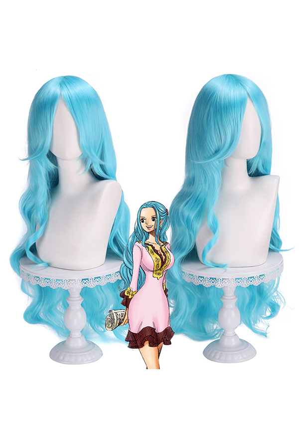 Vivi Disfraz de Cosplay Peluca de Cosplay de Nefertari Vivi de One Piece Larga Rizada Peluca Azul Claro