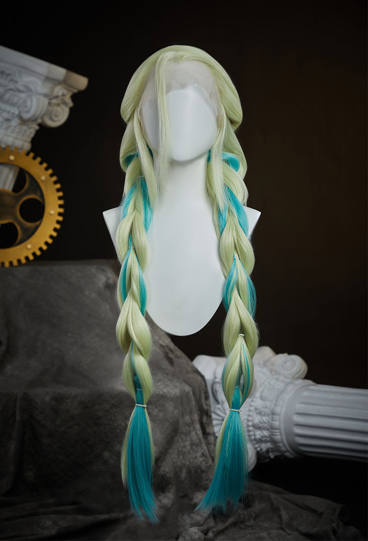 Panty Stocking Gunsmith Perruque cosplay verte à double tresse en dentelle