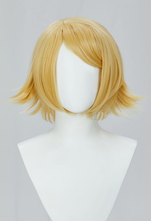 Rin Disfraz de Cosplay Pelucas para Cosplay de Kagamine Rin de Vocaloid Peluca de Color Dorado con el Cabello al Hombro y Ligeramente Ondulado hacia Afuera