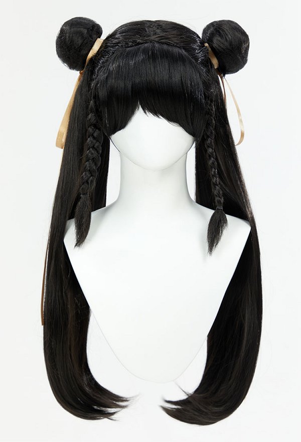 SF Chun Li Cosplay Perücke schwarz lange Doppel Pferdeschwanz Perücke