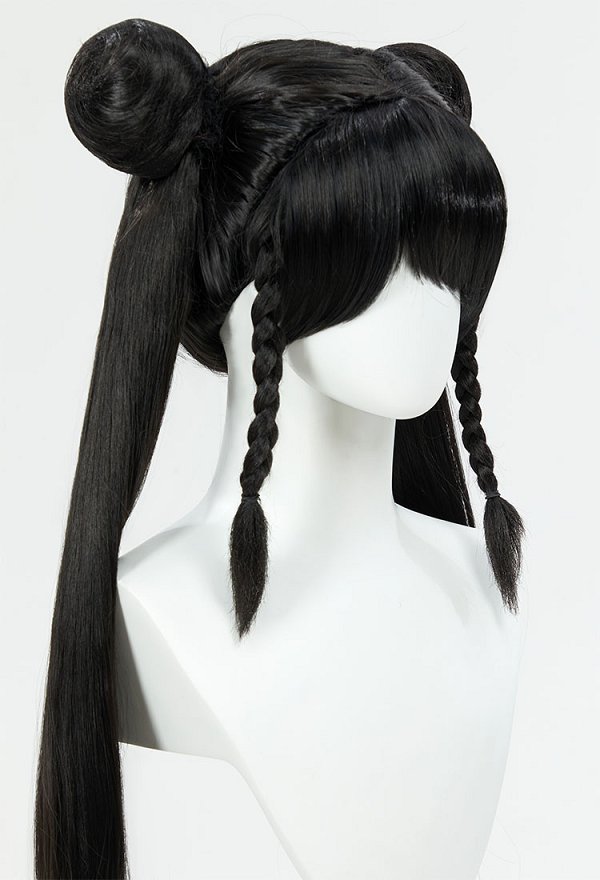 SF Chun Li Cosplay Perücke schwarz lange Doppel Pferdeschwanz Perücke