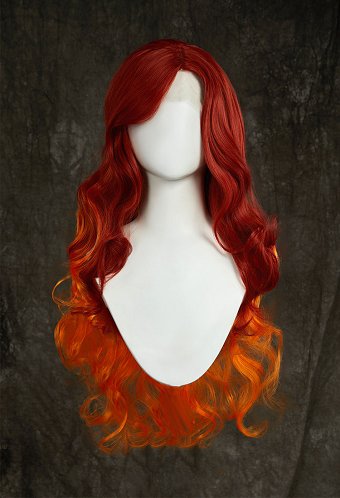 Teen Titans Starfire Cosplay Peluca larga rizada de encaje de color rojo oscuro y naranja