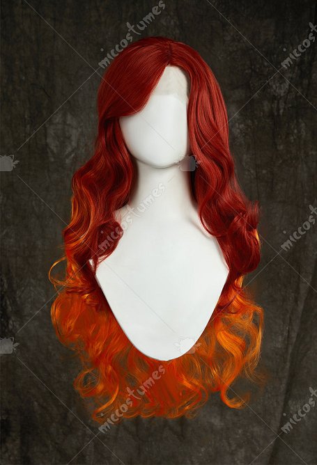 Teen Titans Starfire Cosplay Peluca larga rizada de encaje de color rojo oscuro y naranja