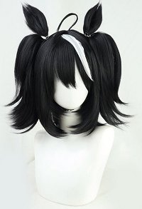 Umamusume Pretty Derby Kitasan Black Cosplay Wig Black Short Double Ponytail Wig with Ears