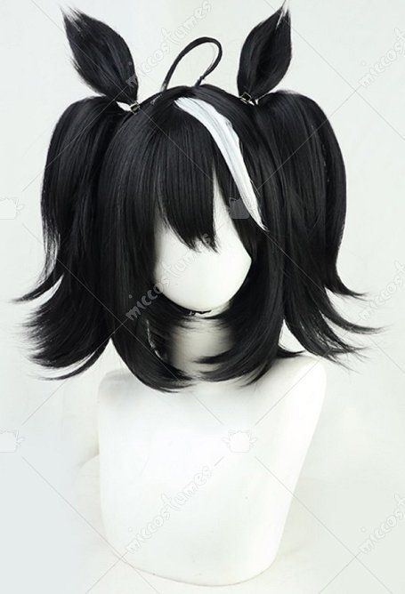 Umamusume Pretty Derby Kitasan Black Cosplay Wig Black Short Double Ponytail Wig with Ears