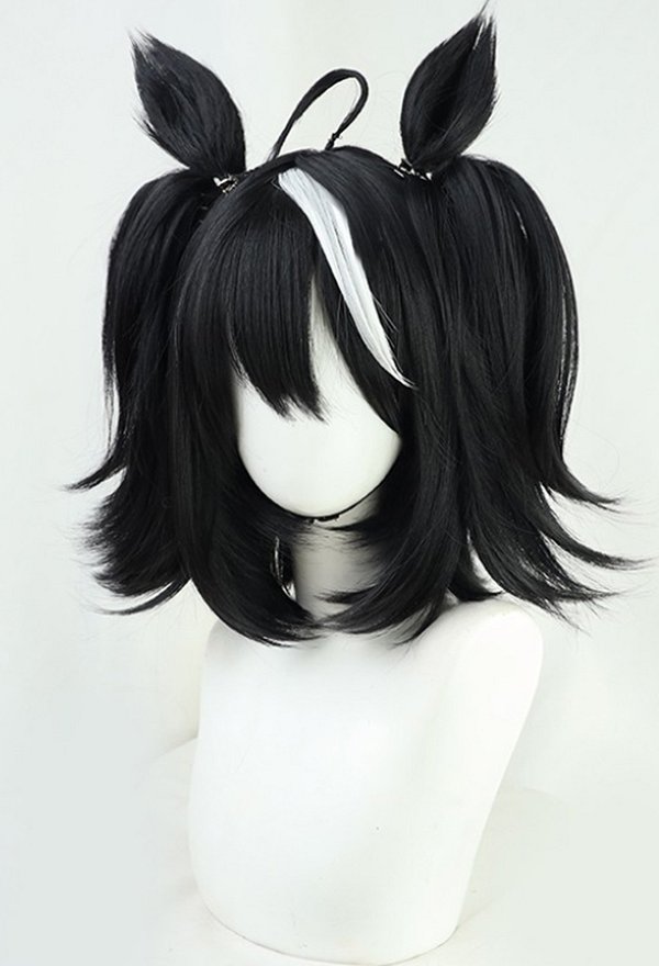 Umamusume Pretty Derby Kitasan Peluca Cosplay Negro Peluca de Cola de Caballo Doble Corta con Orejas