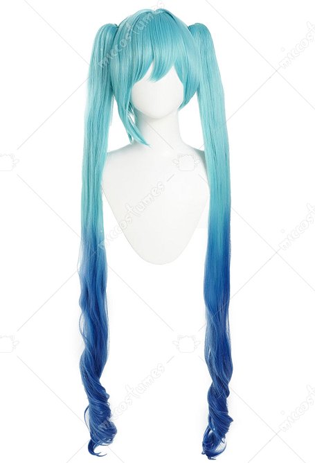 Perruque de Cosplay Chanteuse Idole Perruque Longue Dégradée Bleu-Vert avec Frange