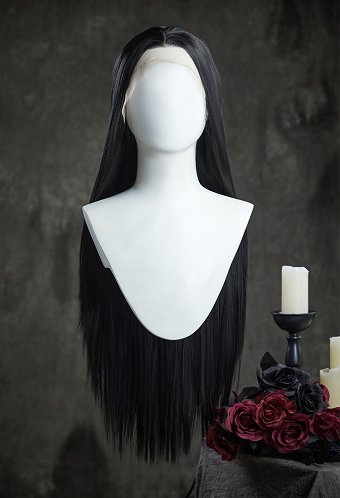 Wednesday Morticia Addams Cosplay Peluca larga de encaje negro