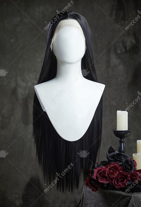 Wednesday Morticia Addams Cosplay Peluca larga de encaje negro