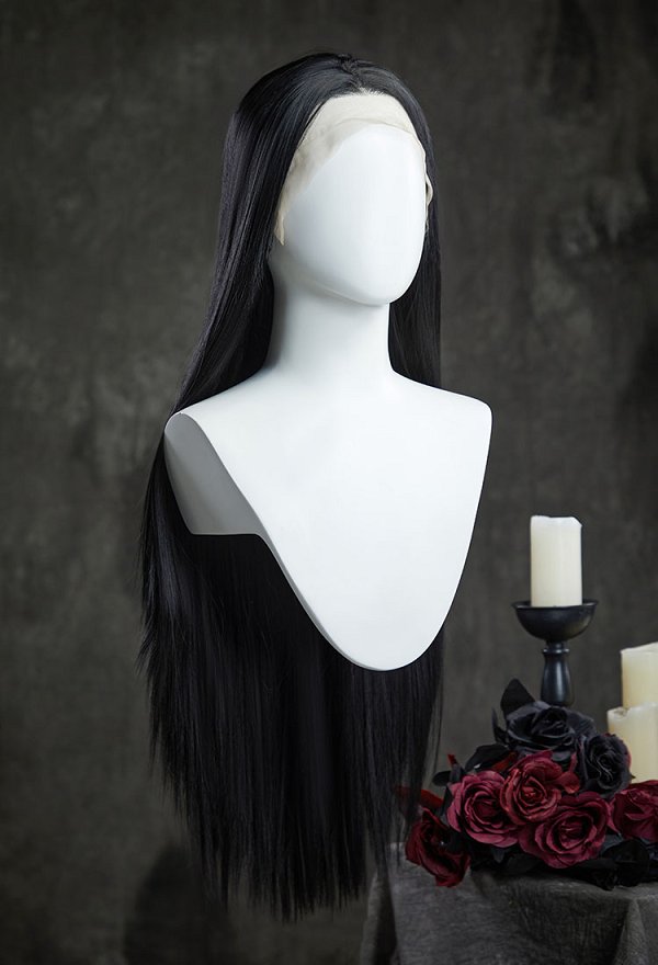 Wednesday Morticia Addams 31 inch Perruque cosplay longue noire en dentelle