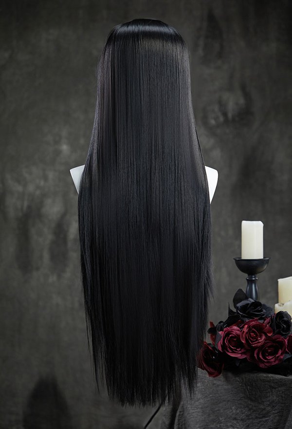 Wednesday Morticia Addams 31 inch Perruque cosplay longue noire en dentelle
