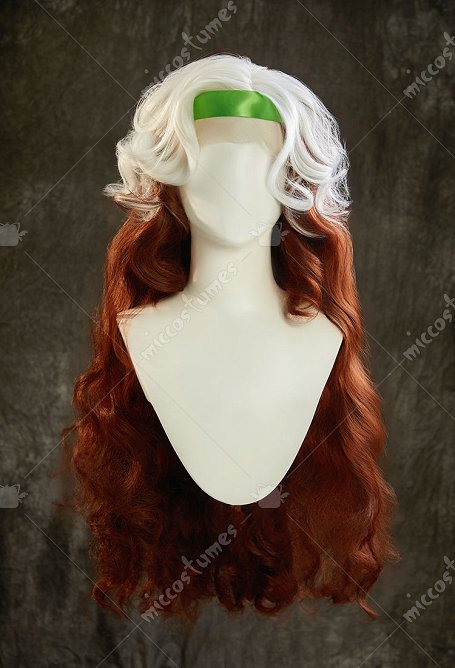 Peluca de cosplay de Rogue de X-Men, blanca y marrón, de dos tonos, con rizos, de 27,5 pulgadas de largo y con encaje