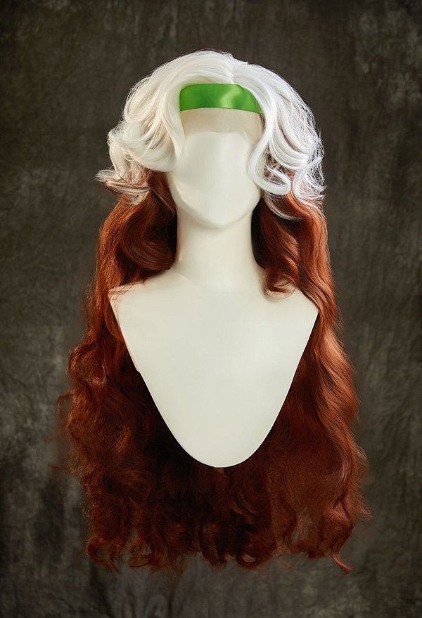 Peluca de cosplay de Rogue de X-Men, blanca y marrón, de dos tonos, con rizos, de 27,5 pulgadas de largo y con encaje