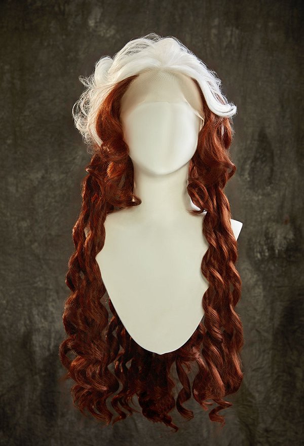 Peluca de cosplay de Rogue de X-Men, blanca y marrón, de dos tonos, con rizos, de 27,5 pulgadas de largo y con encaje