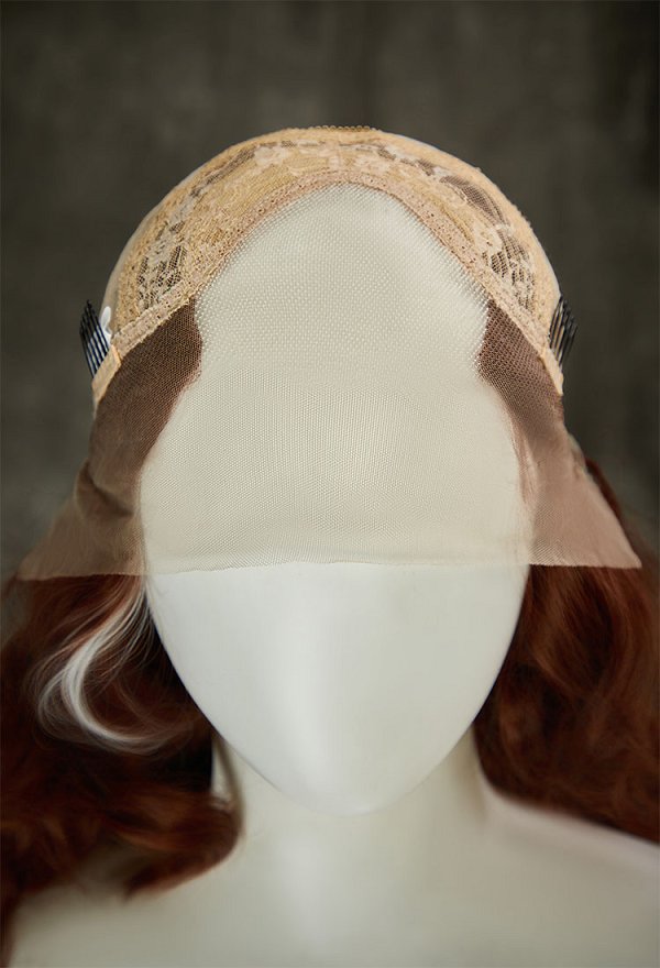 Peluca de cosplay de Rogue de X-Men, blanca y marrón, de dos tonos, con rizos, de 27,5 pulgadas de largo y con encaje