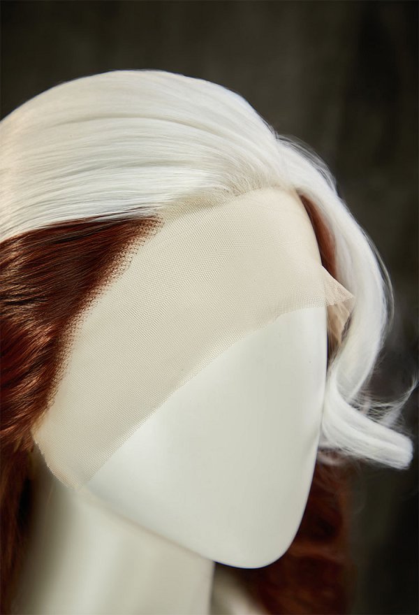 Peluca de cosplay de Rogue de X-Men, blanca y marrón, de dos tonos, con rizos, de 27,5 pulgadas de largo y con encaje